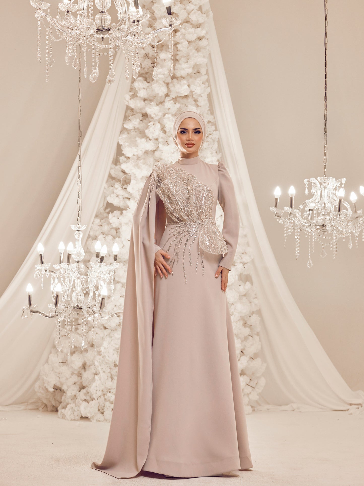 Latifa Beaded Crepe Modest Evening Gown - Beige