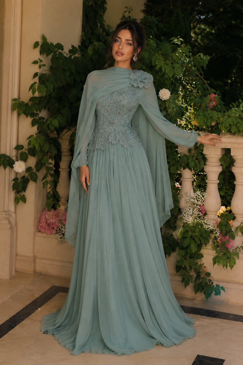 Maya Sage 3D Floral Evening Dress –Formal Gown