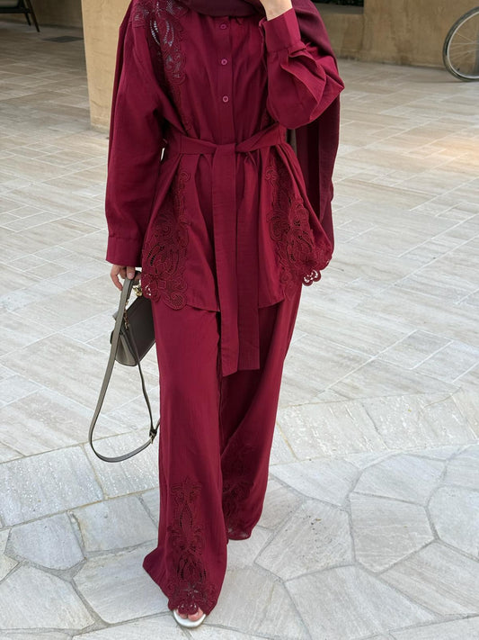 Lace Detailed Burgundy Co-Ord Set