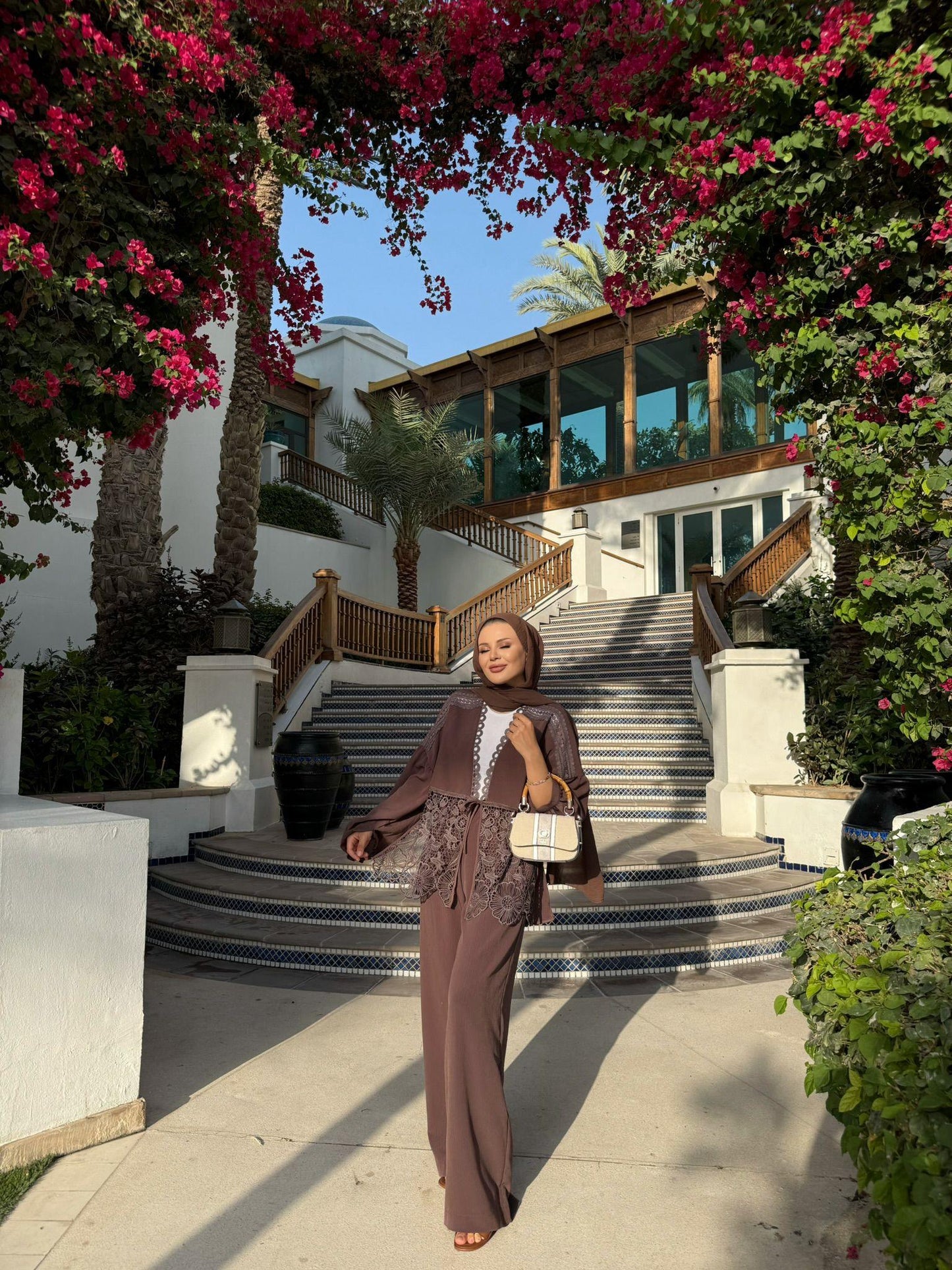 Lace-Trimmed Brown Crinkle Fabric Kimono & Pants Set
