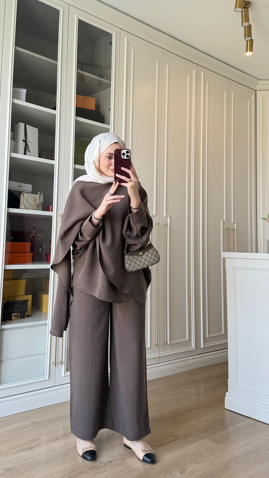 Oversized Tencel Set with Shawl Detail – Bitter Brown