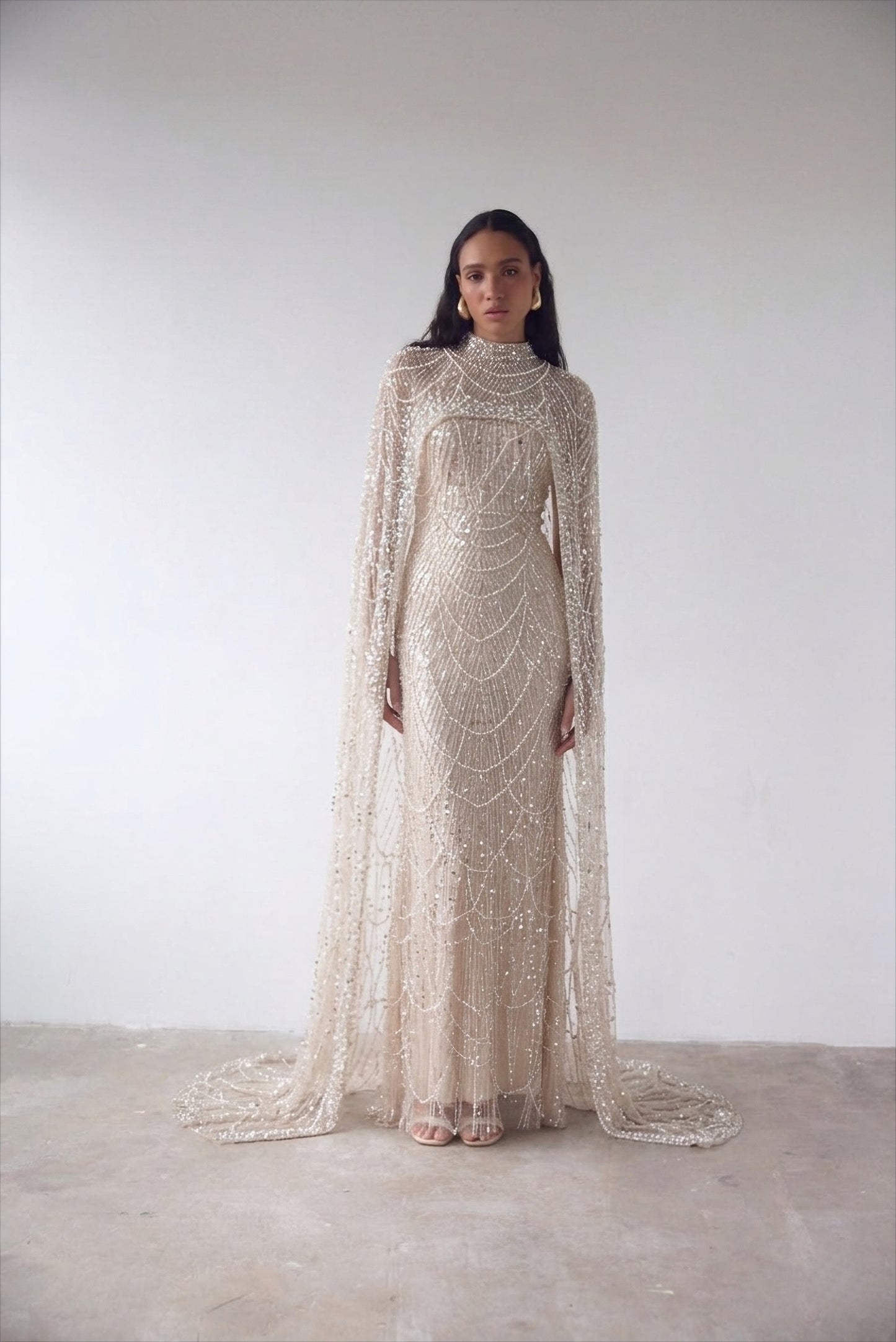 Beaded Cream Modest Evening Gown