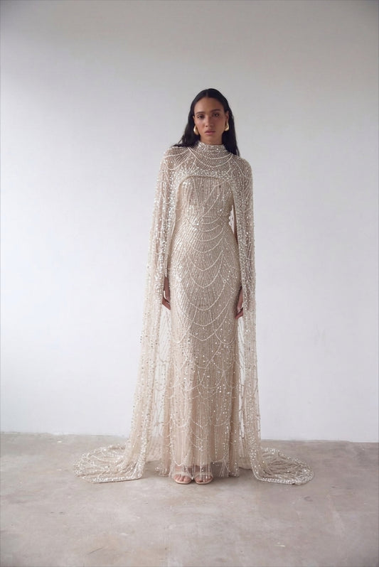 Beaded Cream Modest Evening Gown