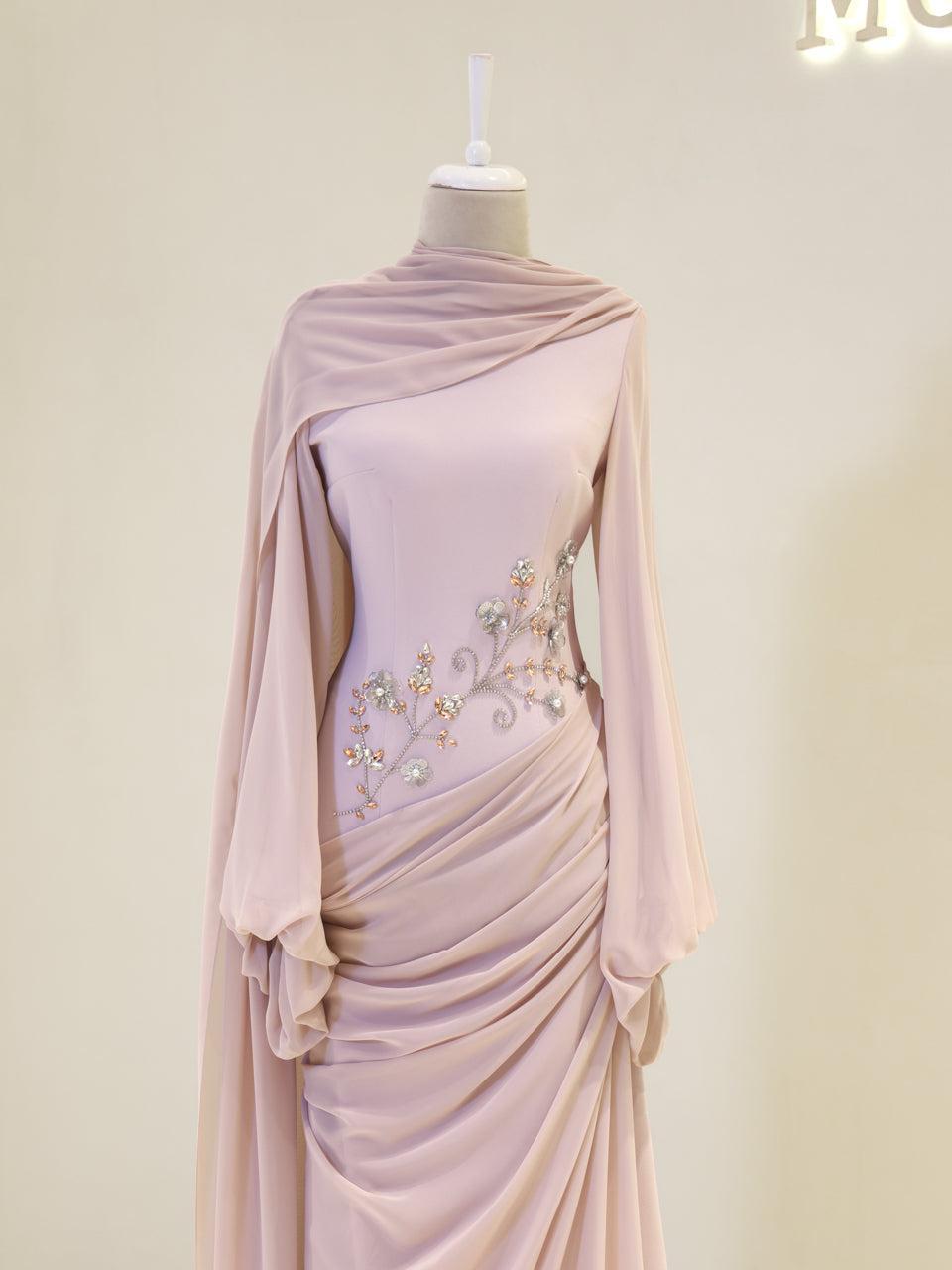 Tulip Modest Evening Dress - Embroidered Shawl Crepe Gown - Poudra