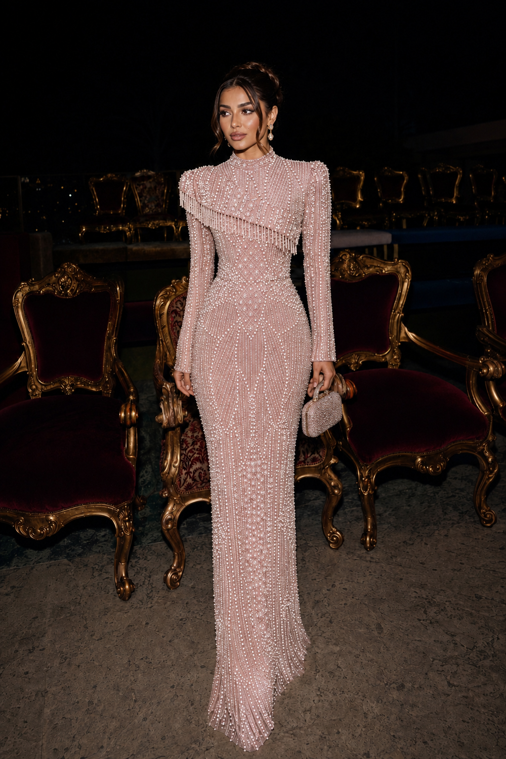 Ivory Beaded Evening Dress - Powder Pink