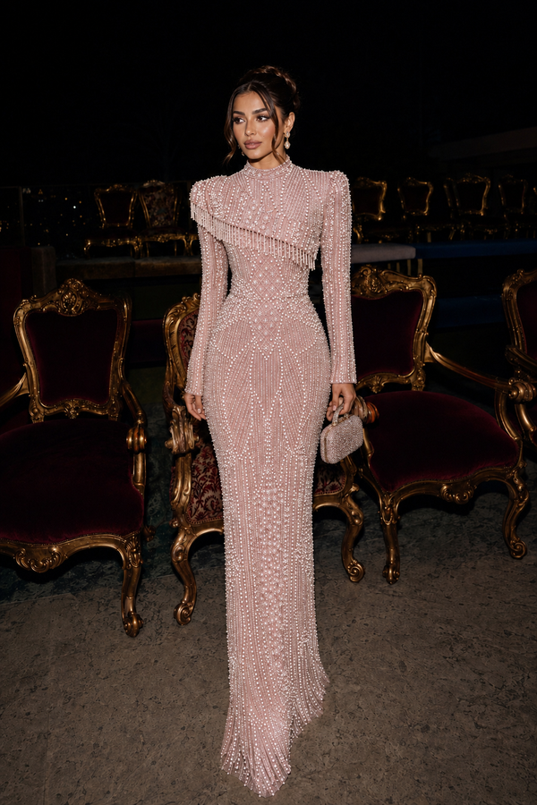 Ivory Beaded Evening Dress - Powder Pink