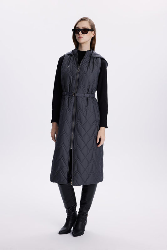 Hooded Long Quilted Puffer Vest – Black