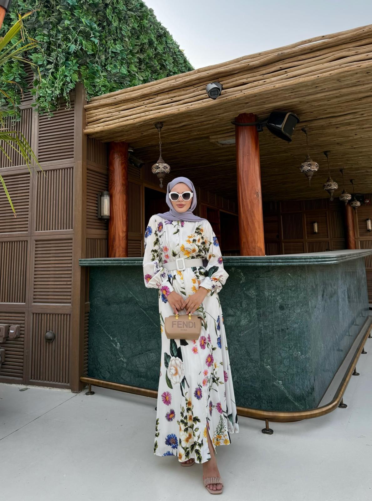 Floral White Belted Dress
