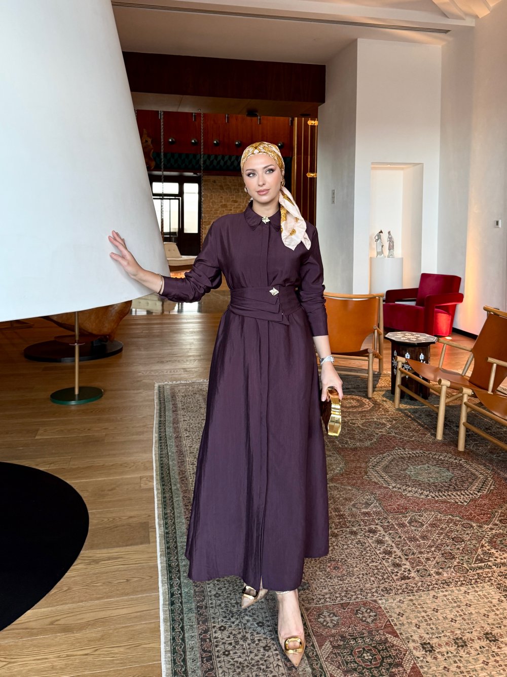 Buckle Detailed Chic Dress Burgundy