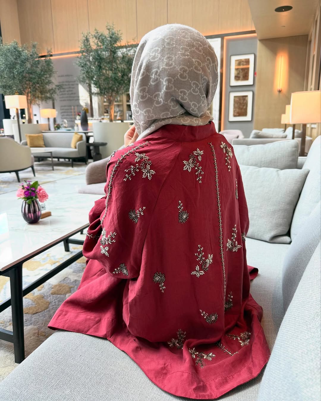 Burgundy Linen Embroidered Kimono & Pants Premium Set