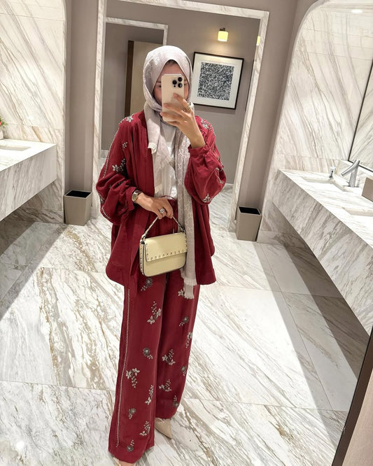 Burgundy Linen Embroidered Kimono & Pants Premium Set