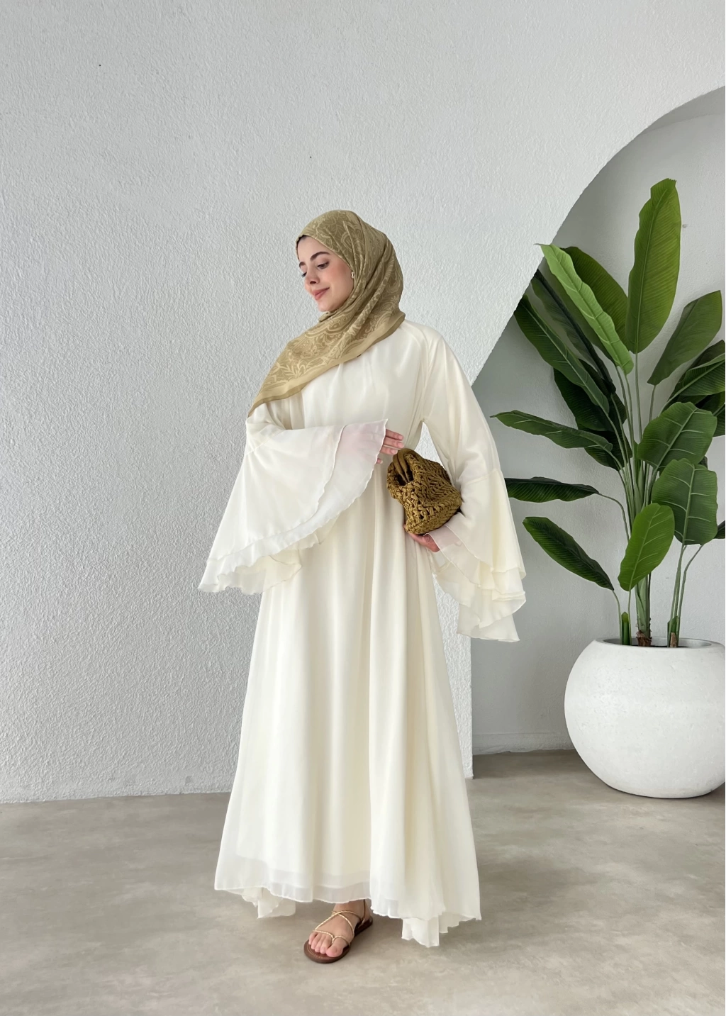 Ecru Chiffon Dress with Ruffled Sleeves