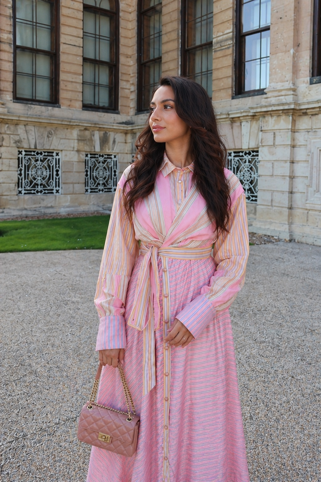 Pink Pastel Stripe Wrap Dress with Balloon Sleeves and Waist Tie