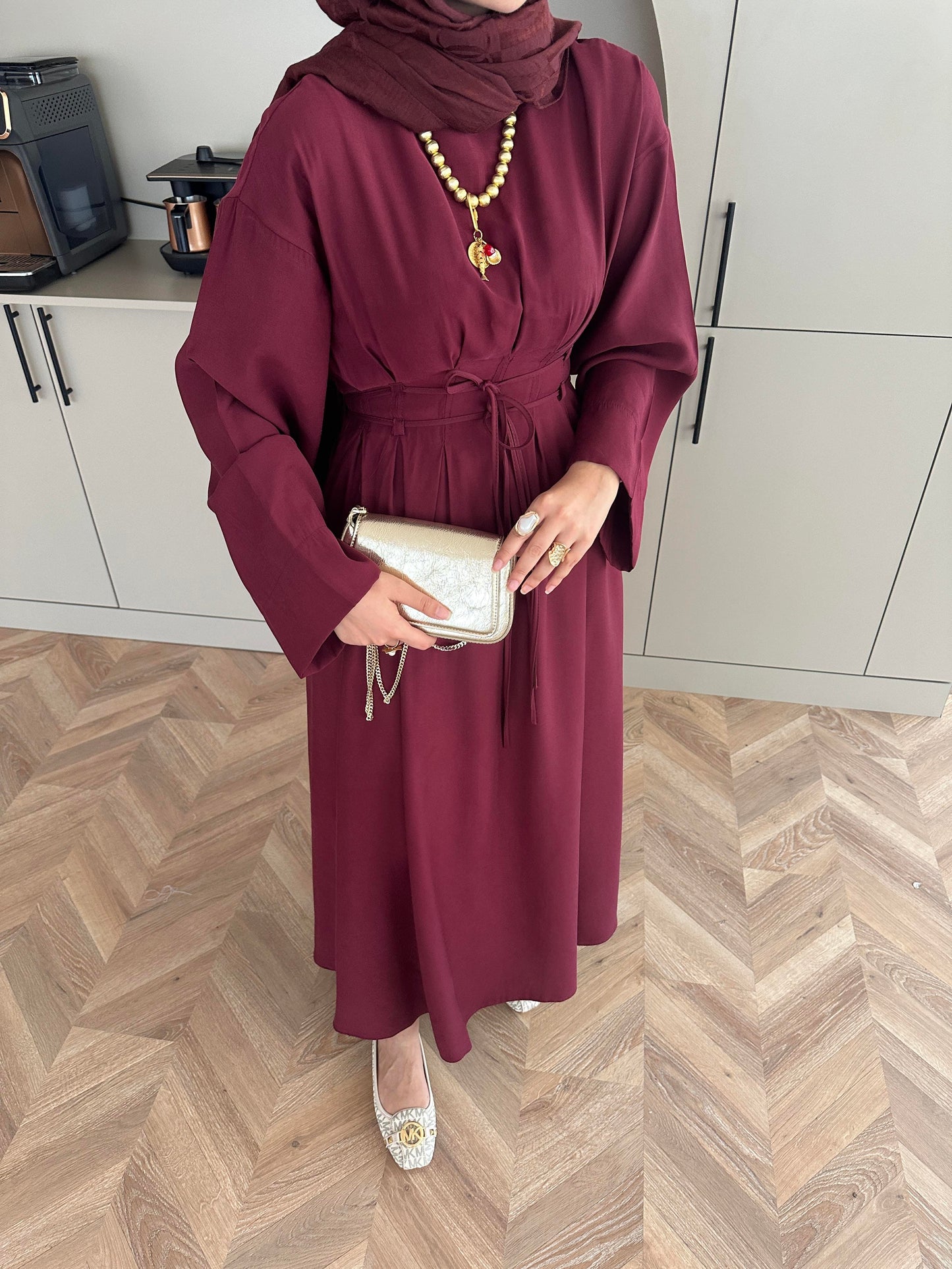 Fitted Waist Maxi Dress in Modal Fabric- Bordeux