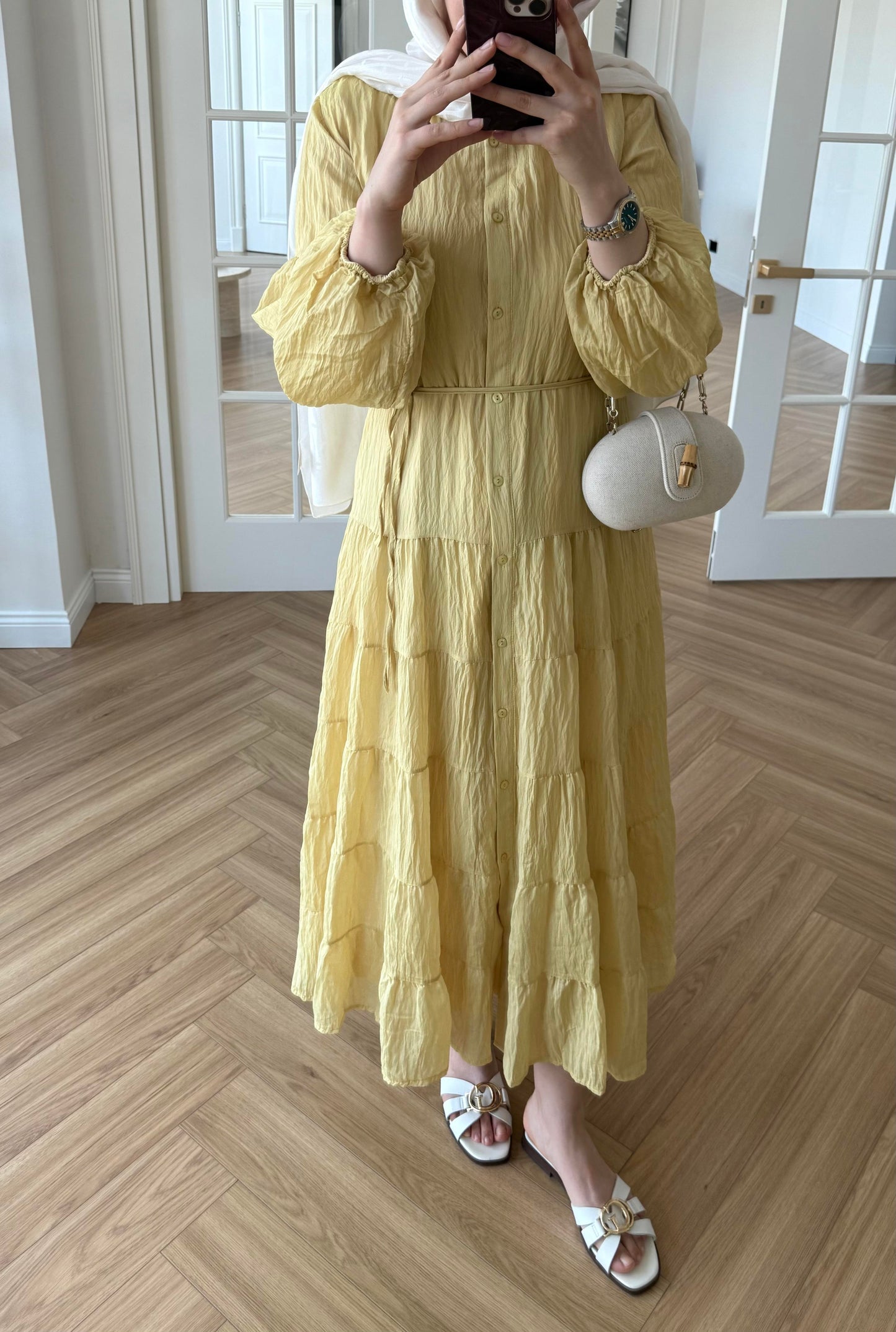 Crushed butter yellow maxi dress