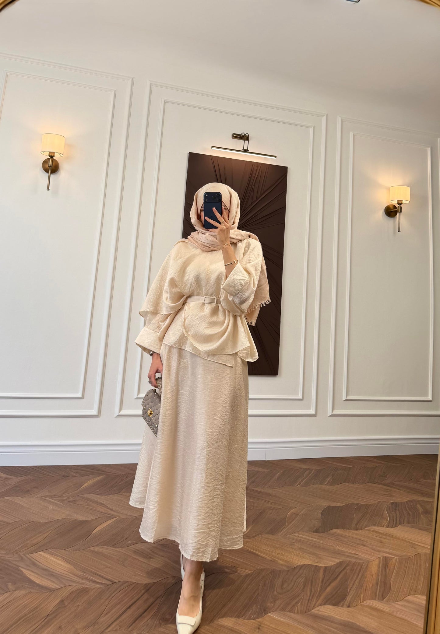 Belted Cape-Sleeve Top & Flared Maxi Skirt Co-ord Set Cream