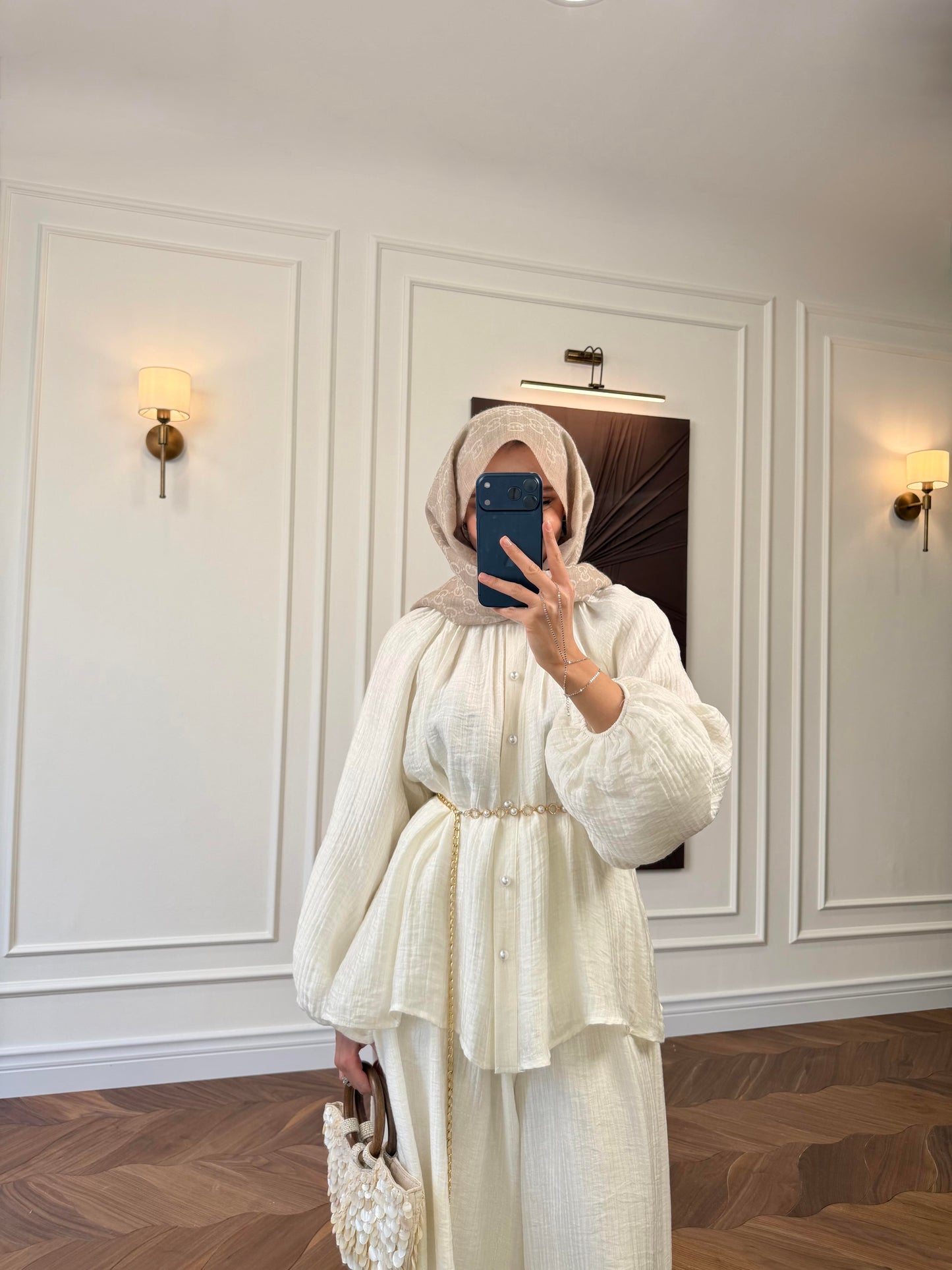 Off white Textured Co-ord Set – Balloon Sleeve Shirt & Wide-Leg Trousers