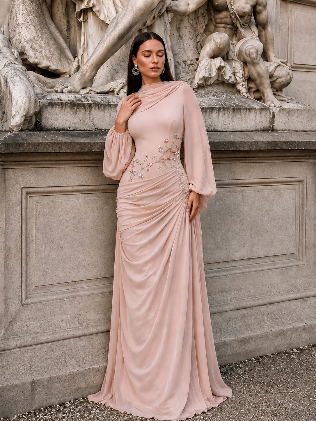 Tulip Modest Evening Dress - Embroidered Shawl Crepe Gown - Poudra