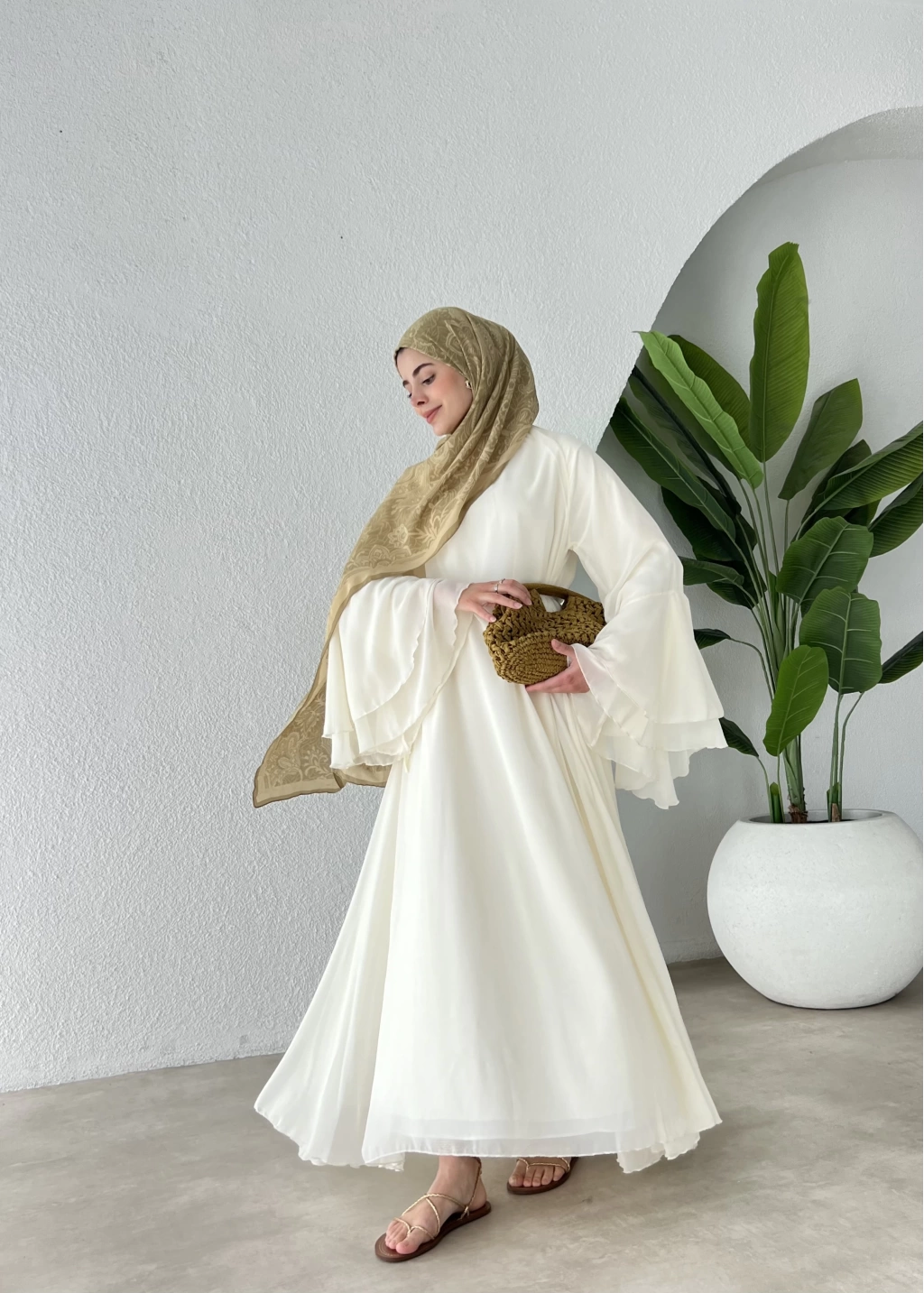 Ecru Chiffon Dress with Ruffled Sleeves