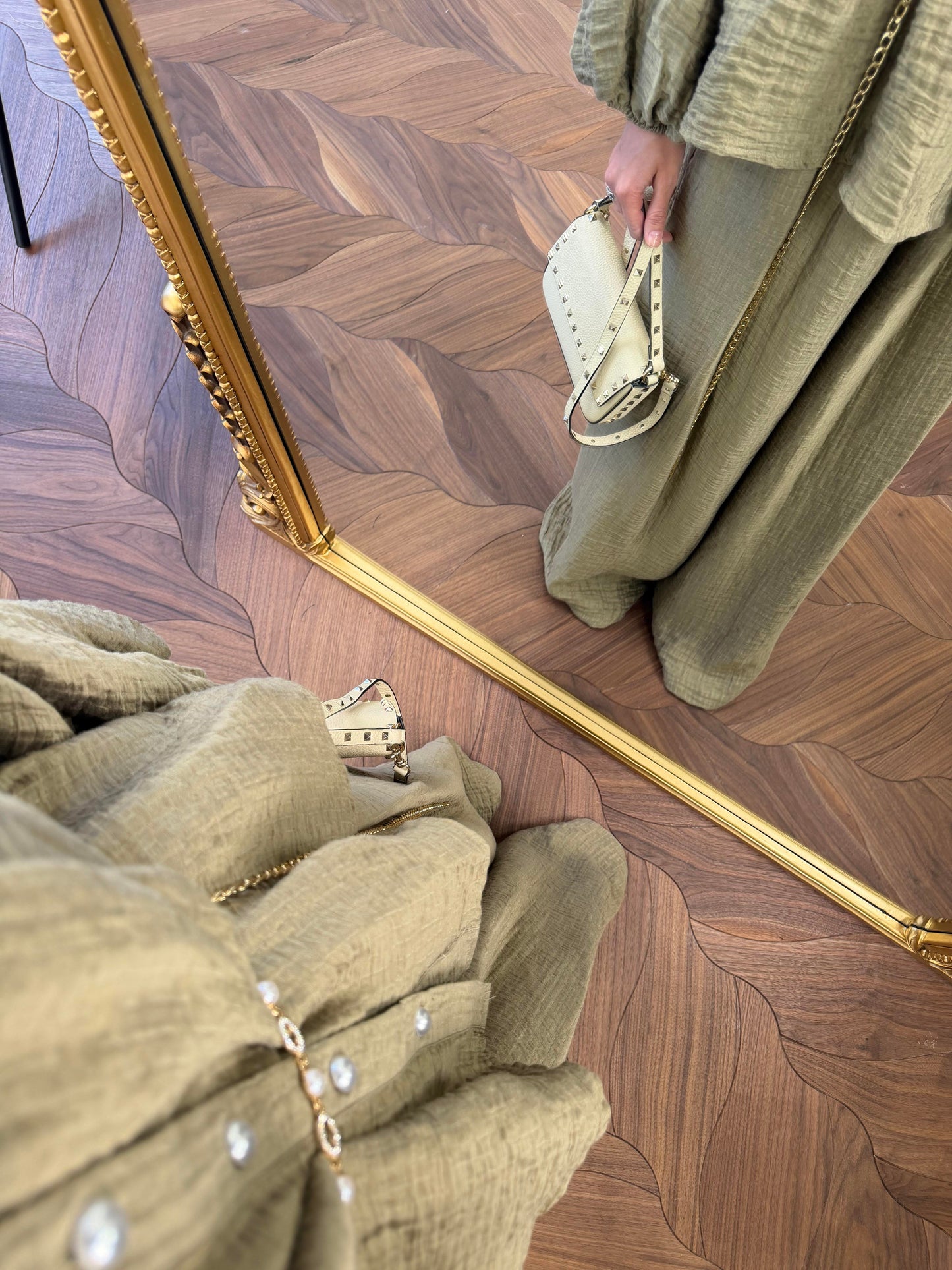 Sage Textured Co-ord Set – Balloon Sleeve Shirt & Wide-Leg Trousers