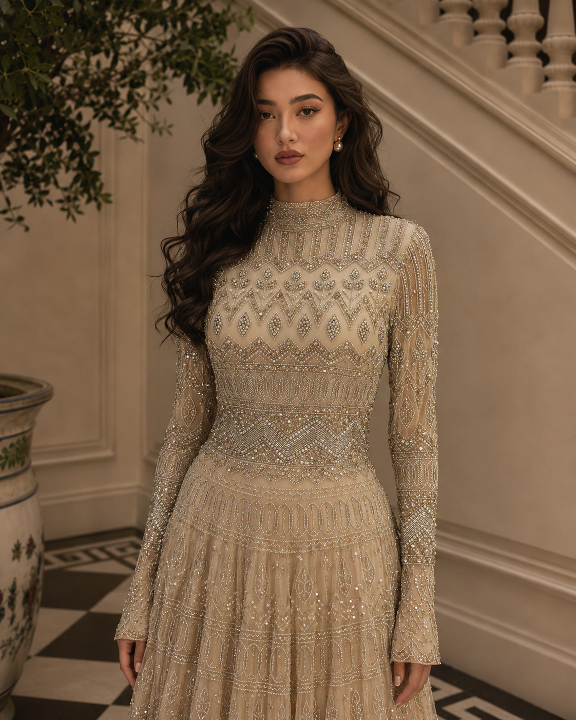 Couture Rania Full Embroidered Modest Evening Dress - Gold