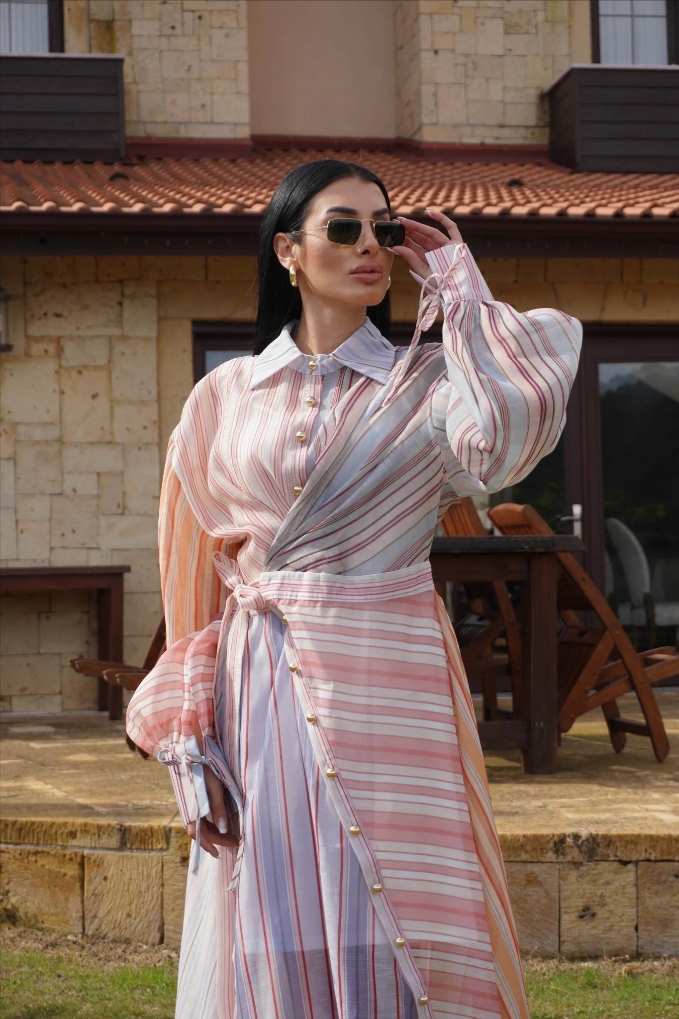 Pastel Stripe Wrap Dress with Balloon Sleeves and Waist Tie