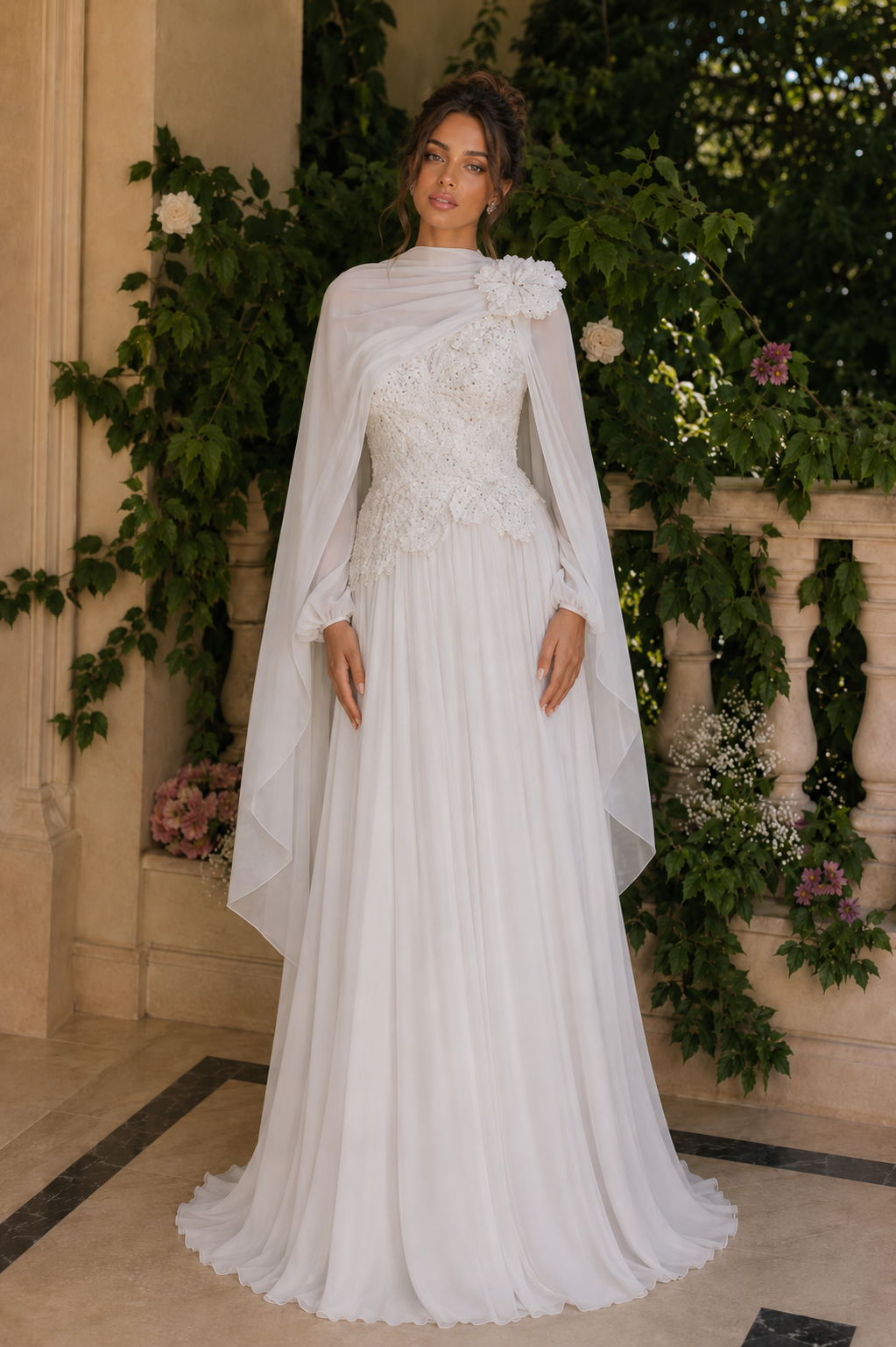 Maya White 3D Floral Evening Dress –Formal Gown