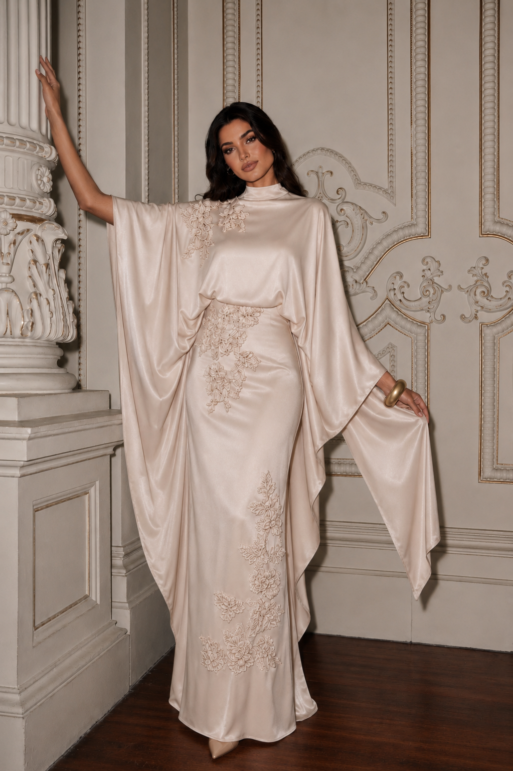 Soraya Stone-Embellished Modest Satin Cape Pencil Dress - Evening Dress