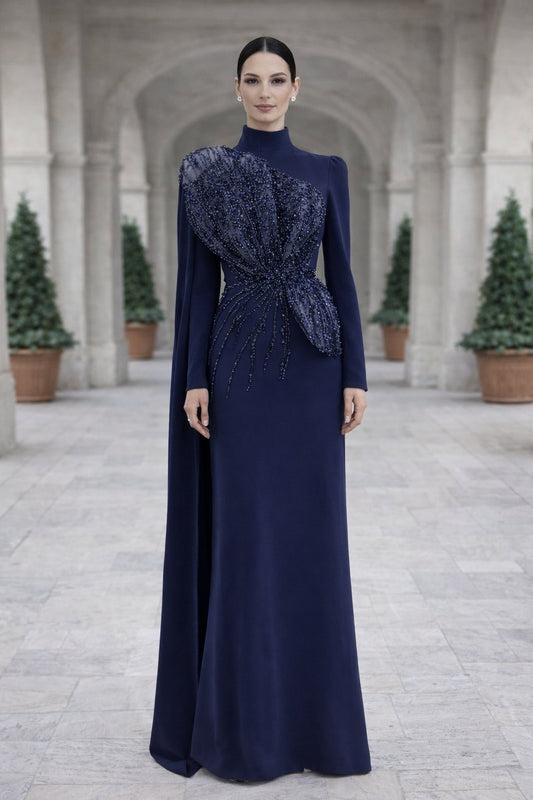 Latifa Beaded Crepe Modest Evening Gown - Navy Blue