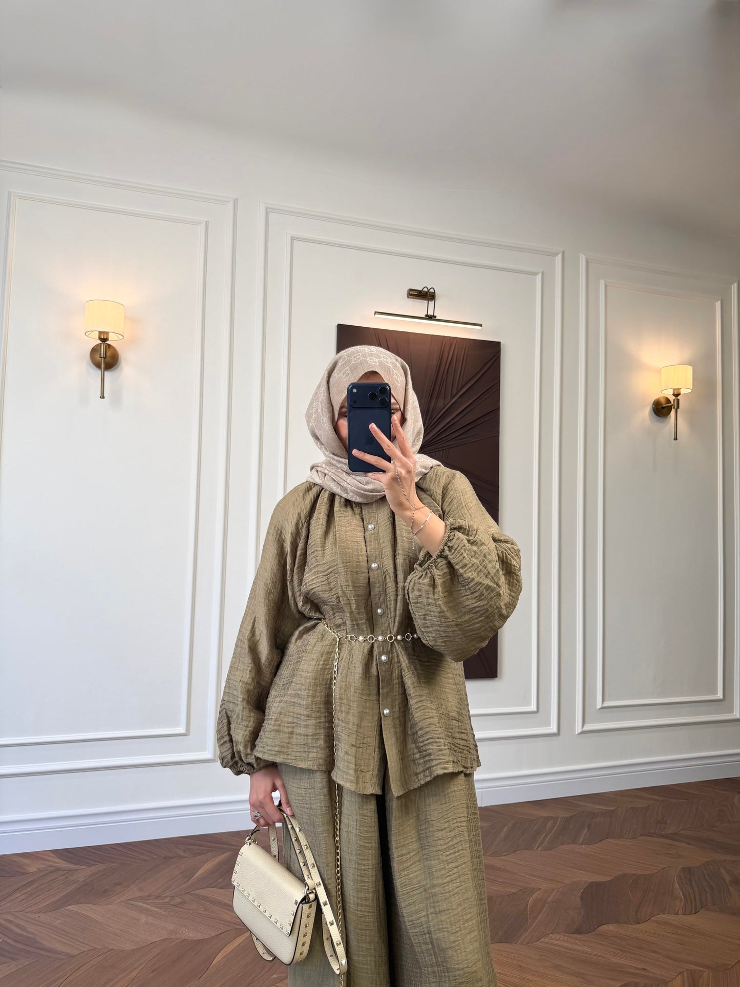 Sage Textured Co-ord Set – Balloon Sleeve Shirt & Wide-Leg Trousers