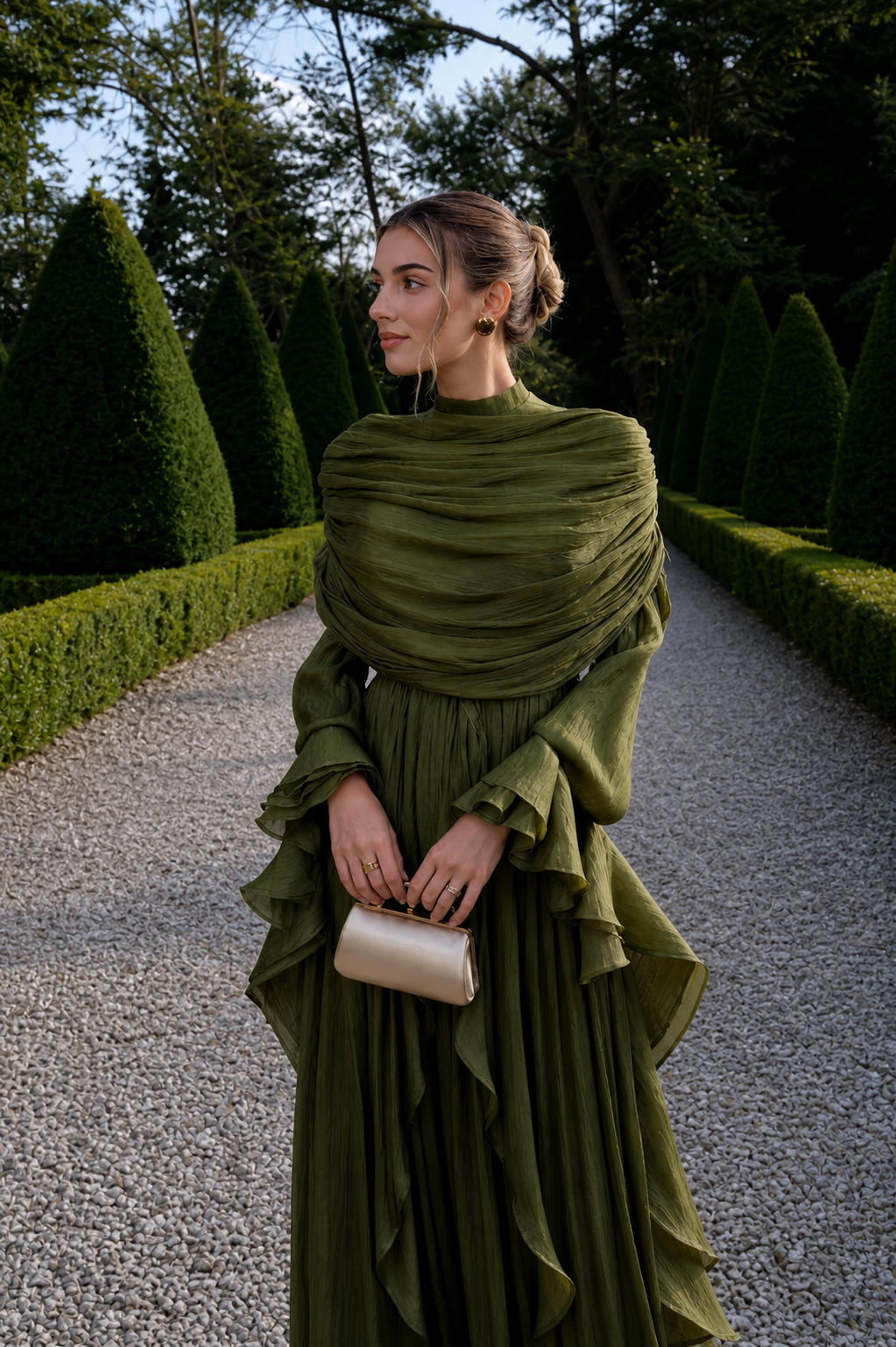 Khaki Chiffon Modest Evening Gown