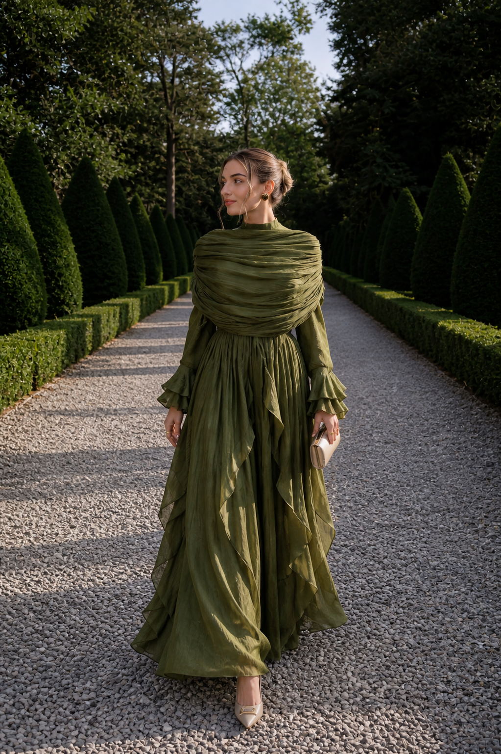 Khaki Chiffon Modest Evening Gown