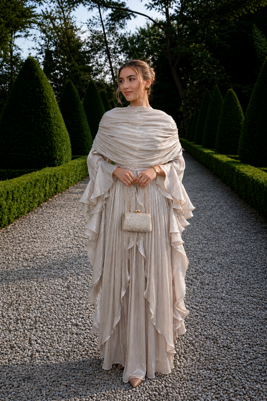 Beige Chiffon Modest Evening Gown