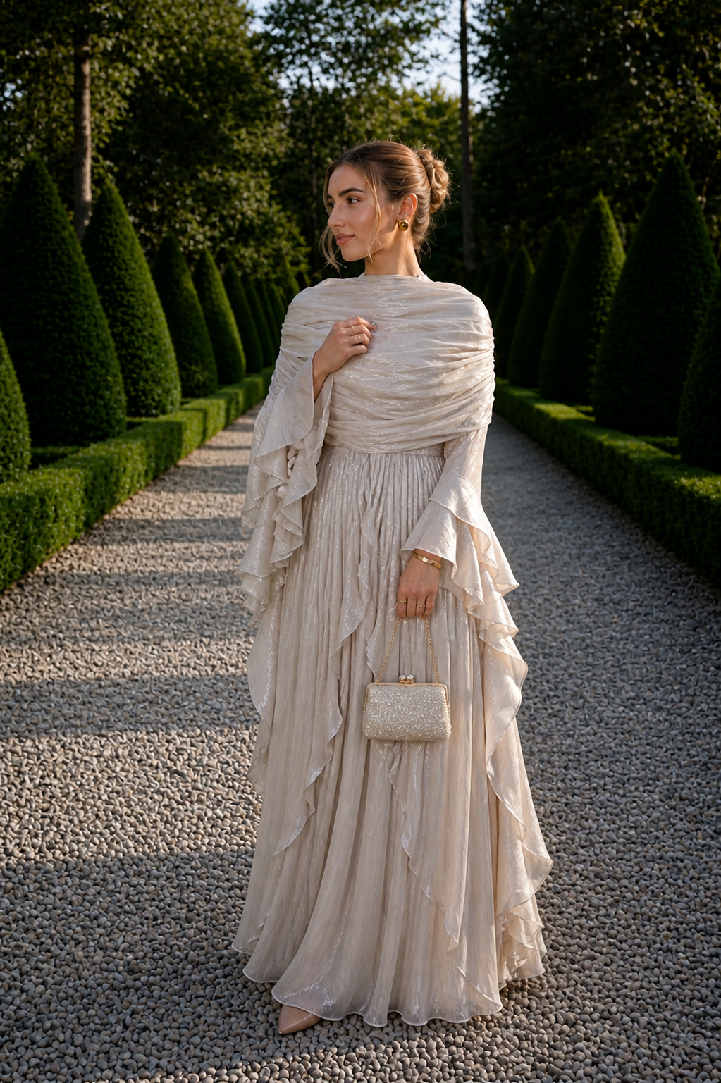 Beige Chiffon Modest Evening Gown