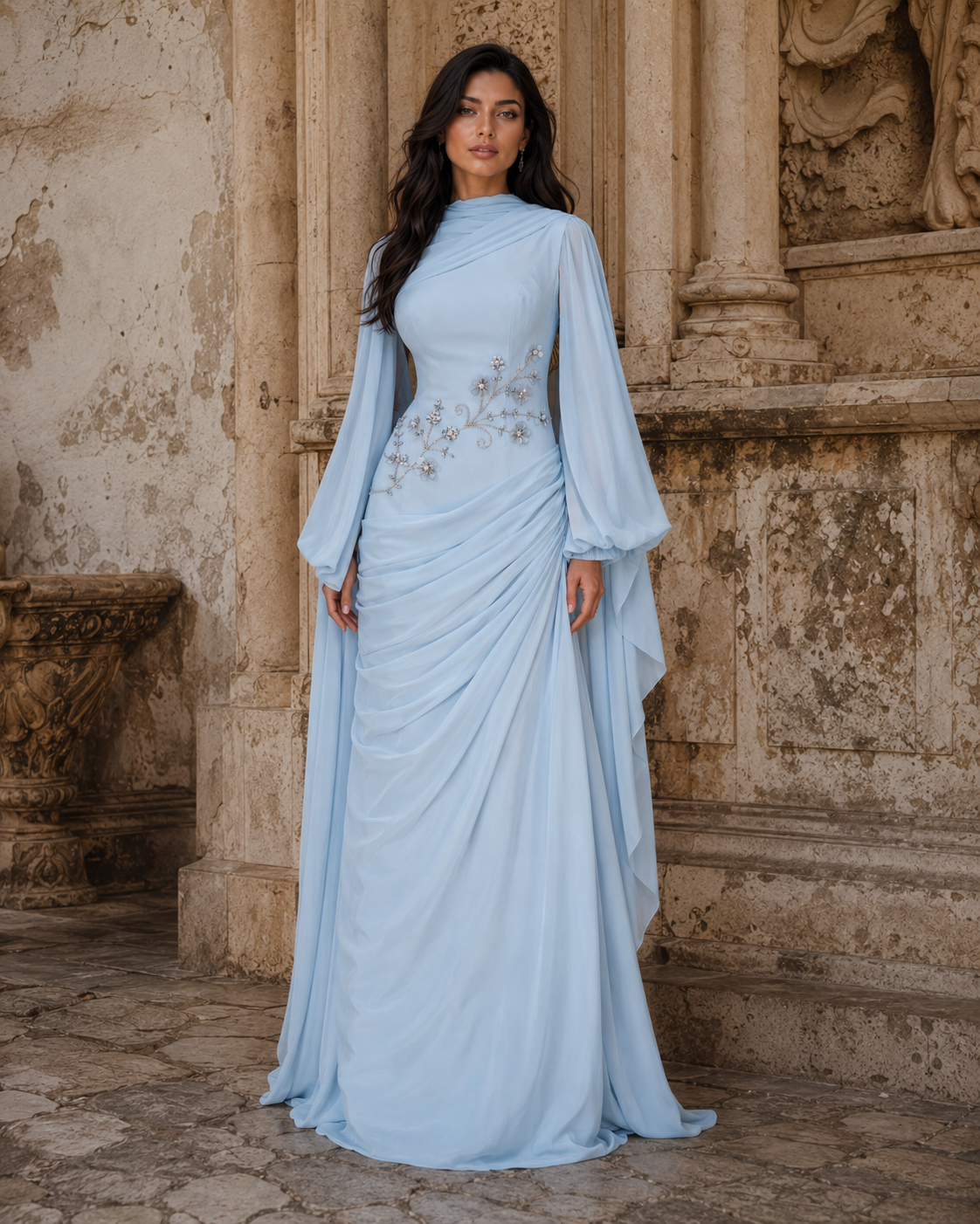 Tulip Modest Evening Dress - Embroidered Shawl Crepe Gown - Baby Blue