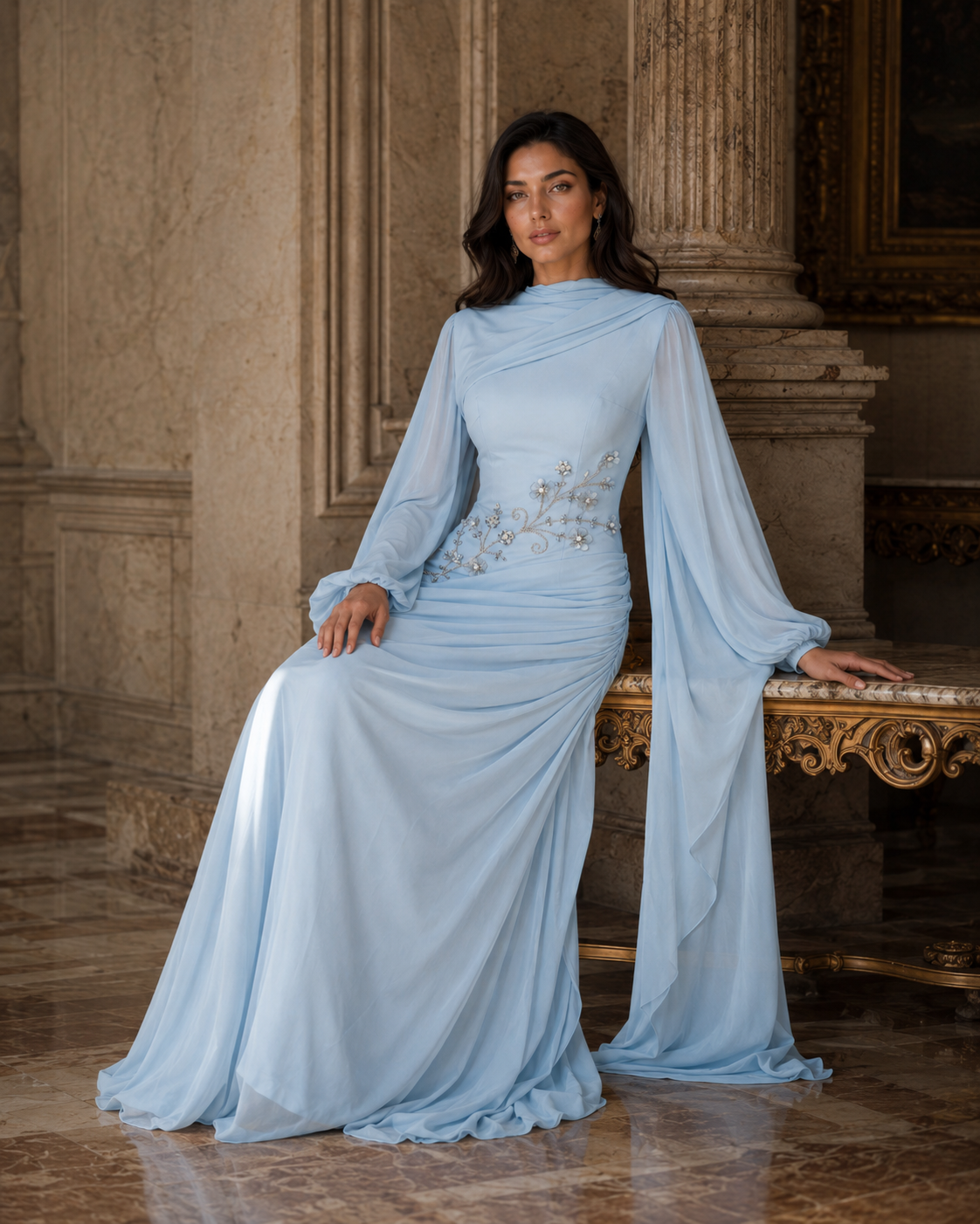 Tulip Modest Evening Dress - Embroidered Shawl Crepe Gown - Baby Blue