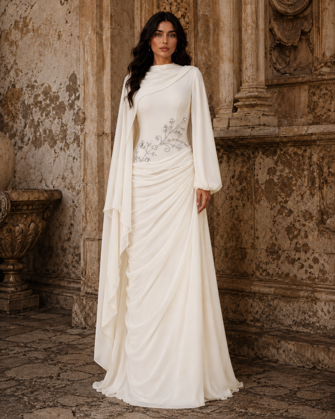 Tulip Modest Evening Dress - Embroidered Shawl Crepe Gown