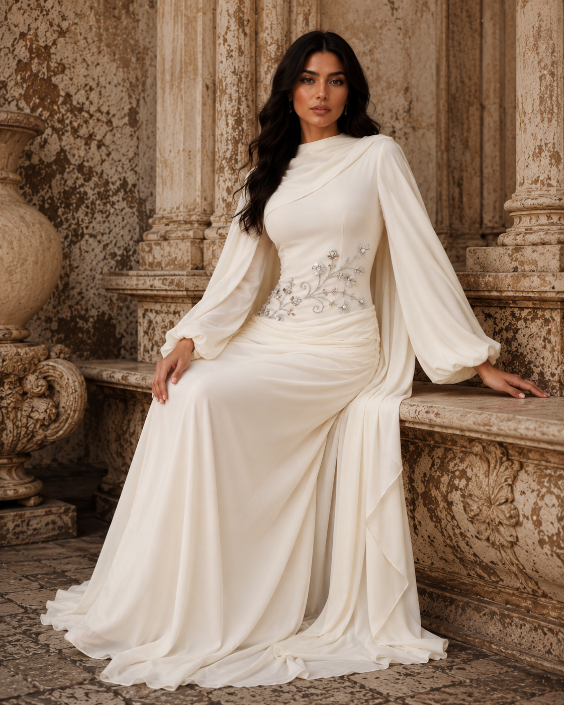 Tulip Modest Evening Dress - Embroidered Shawl Crepe Gown - Cream White