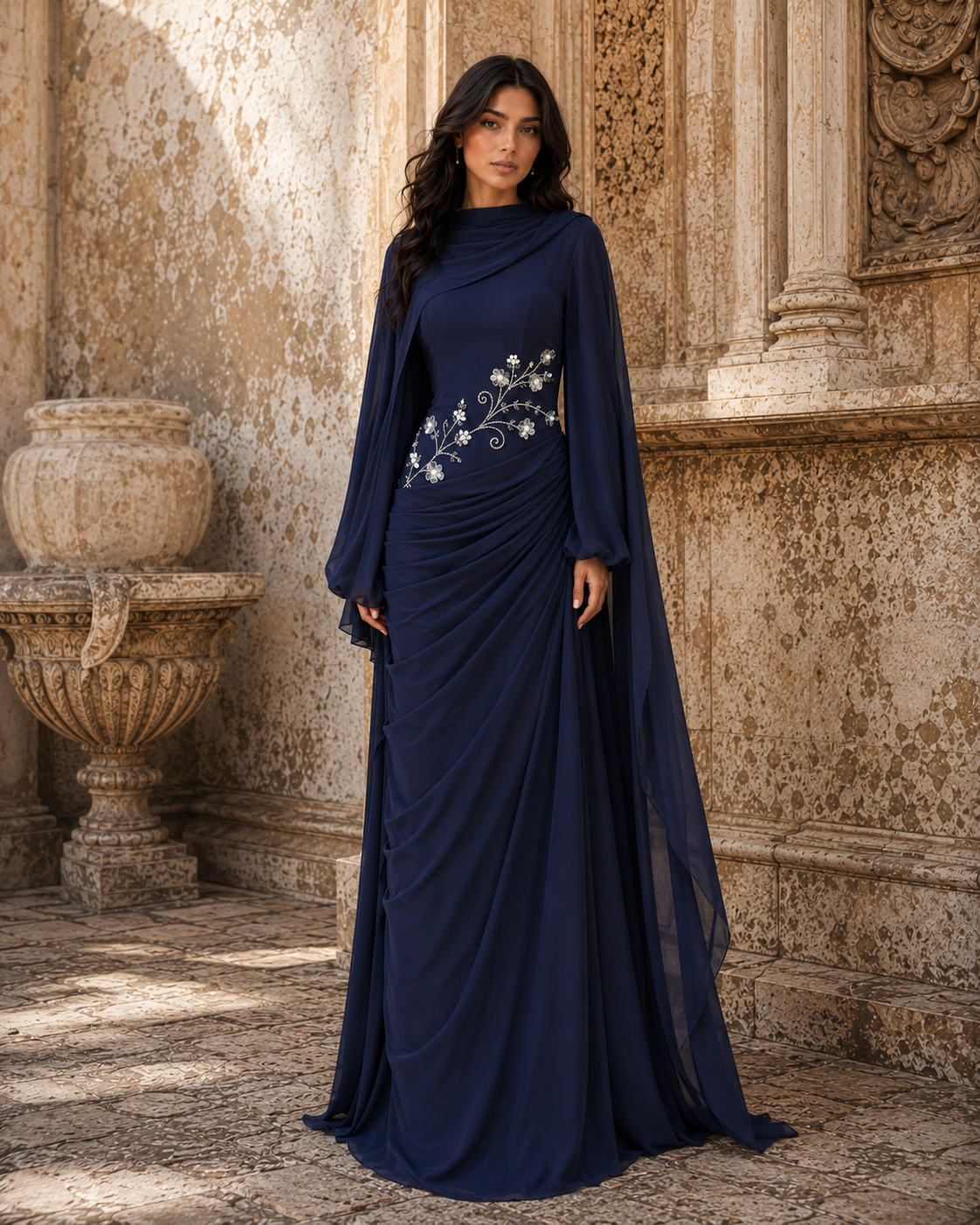 Tulip Modest Evening Dress - Embroidered Shawl Crepe Gown - Navy Blue