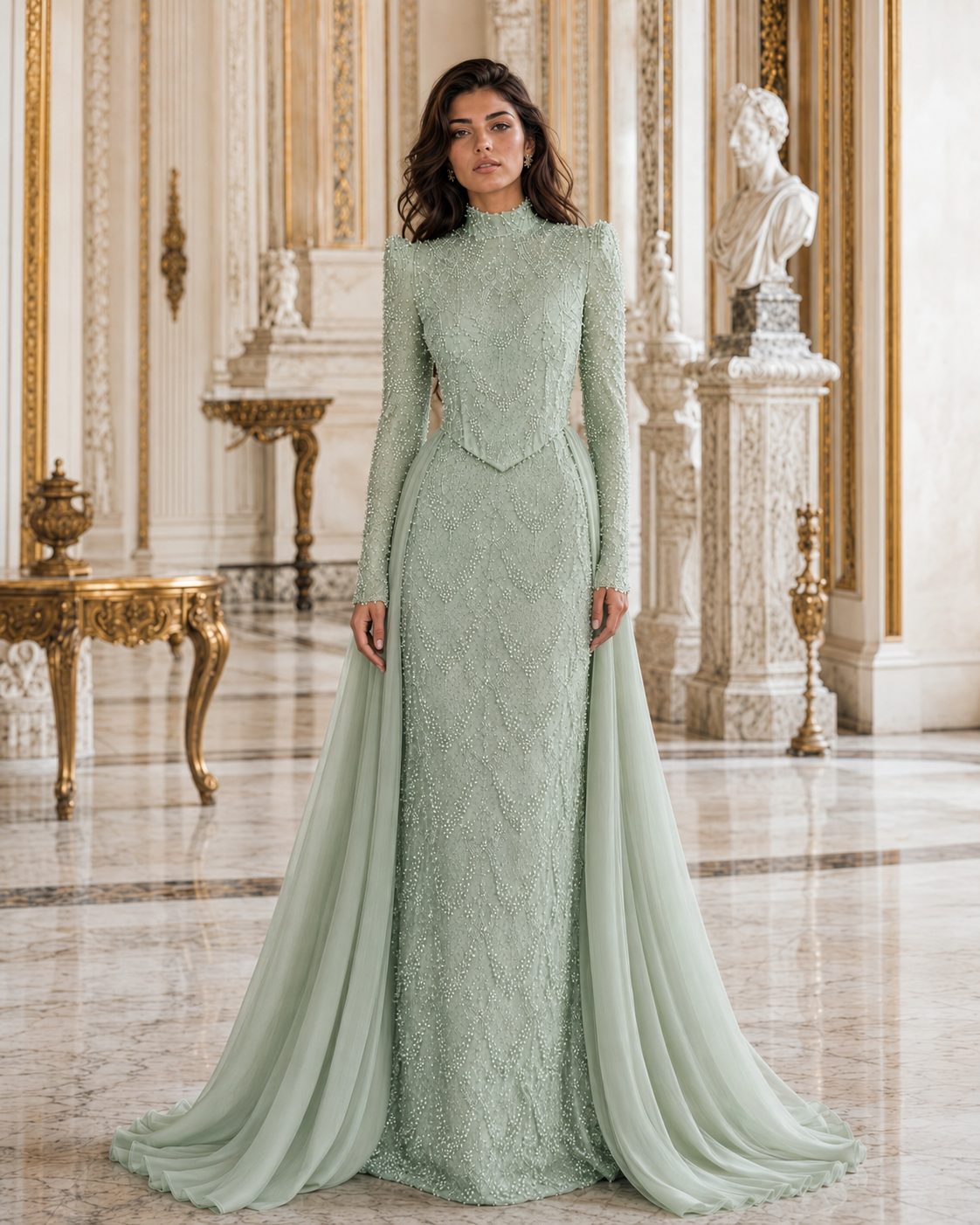 Pearl Powder Green Modest Evening Dress - Maxi Formal Gown