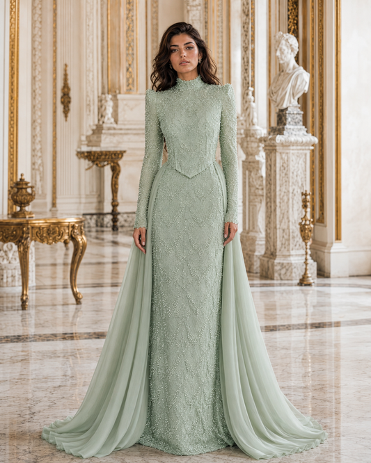 Pearl Powder Green Modest Evening Dress - Maxi Formal Gown