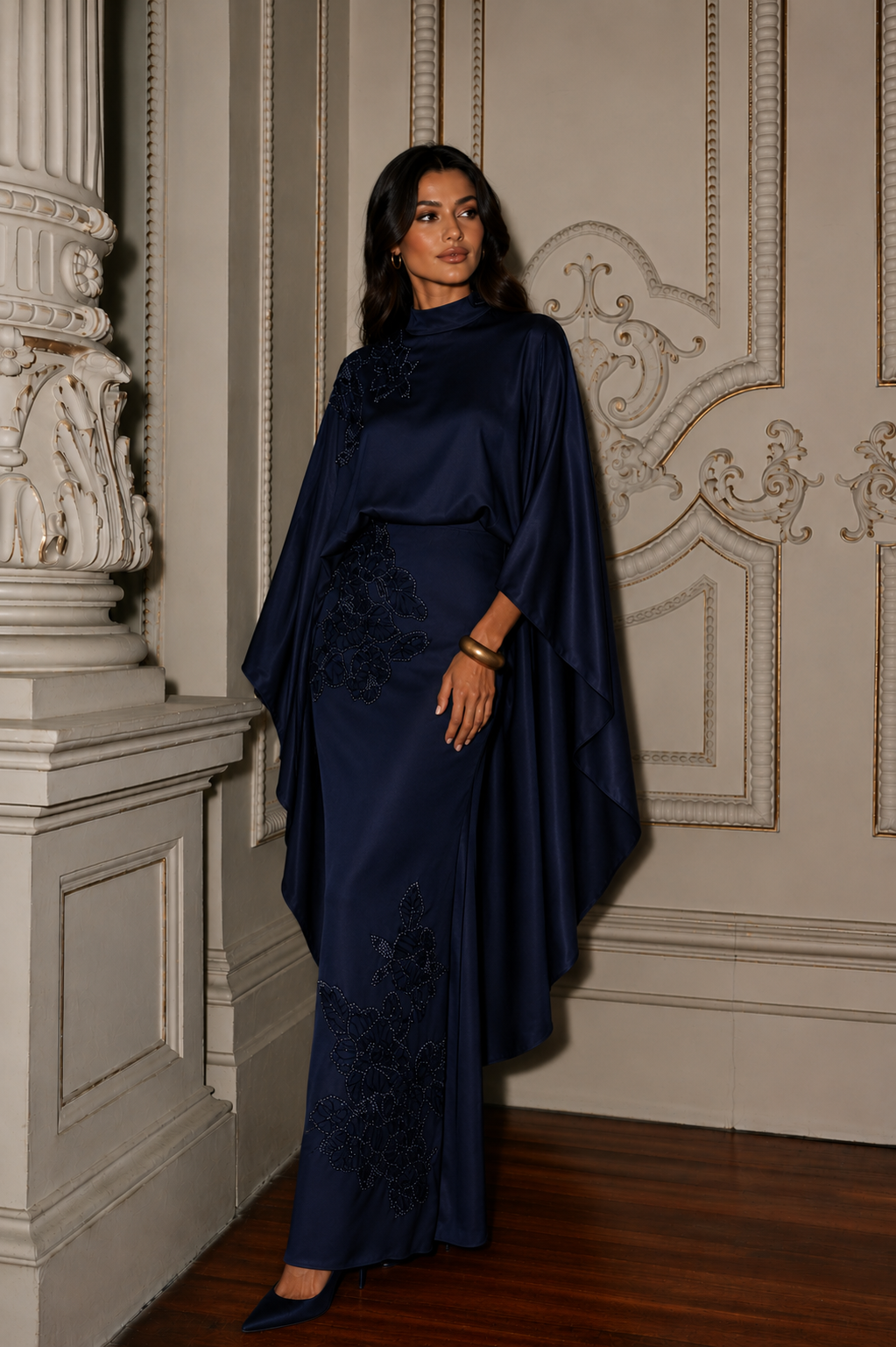 Soraya Stone-Embellished Modest Satin Cape Pencil Dress - Evening Dress - Navy Blue