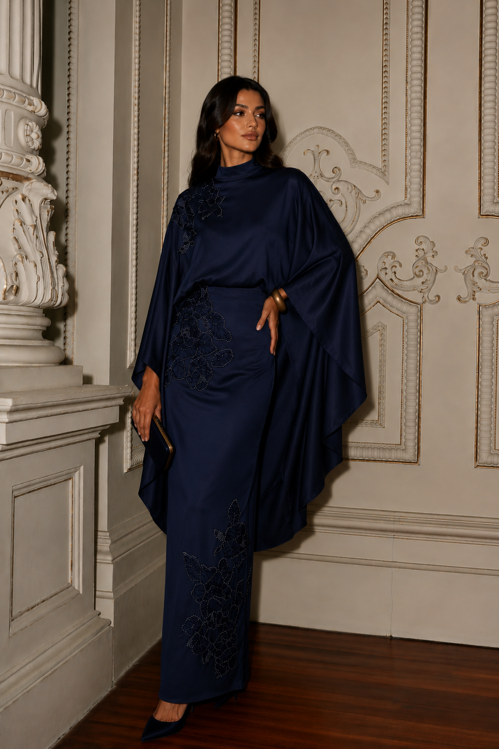 Soraya Stone-Embellished Modest Satin Cape Pencil Dress - Evening Dress - Navy Blue