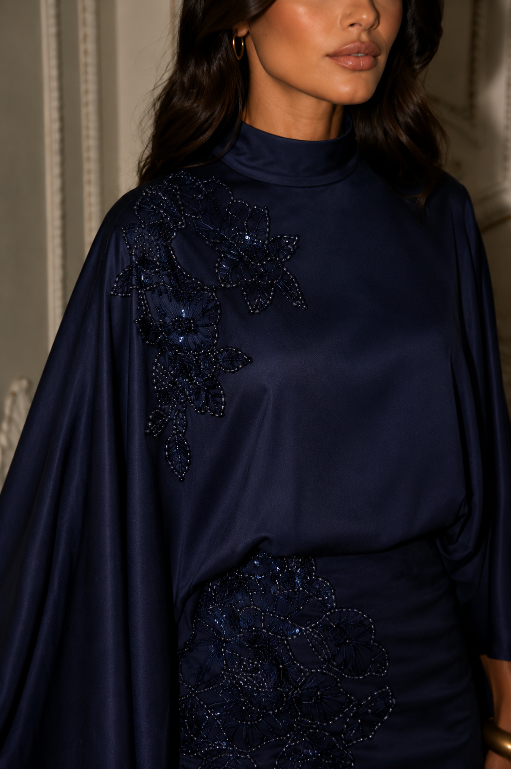 Soraya Stone-Embellished Modest Satin Cape Pencil Dress - Evening Dress - Navy Blue