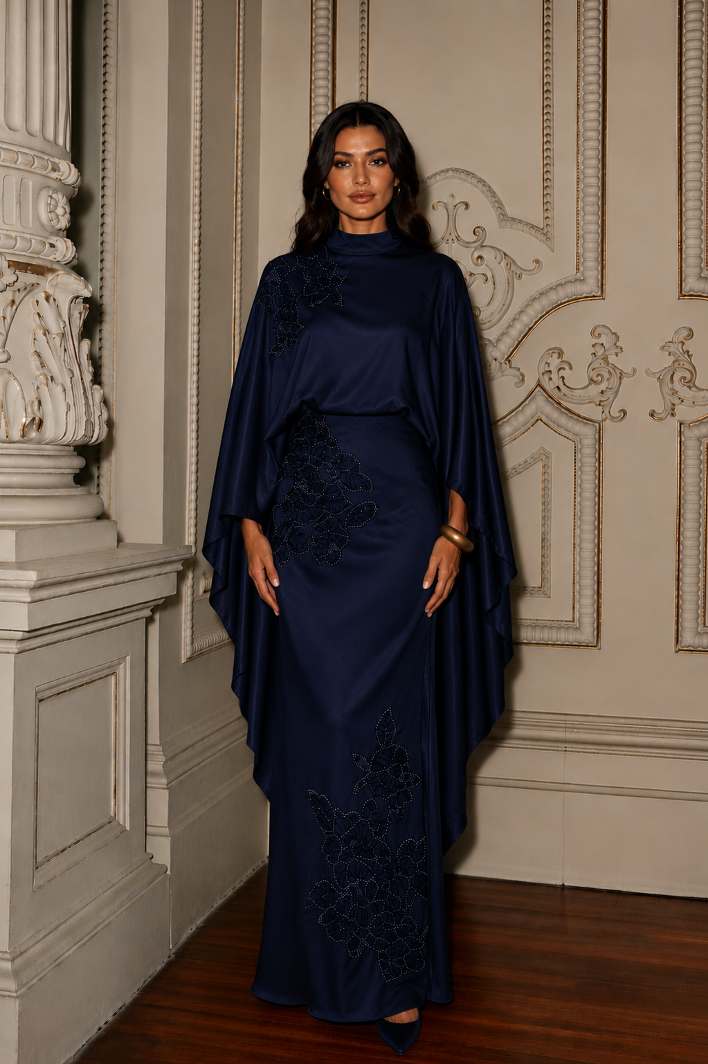 Soraya Stone-Embellished Modest Satin Cape Pencil Dress - Evening Dress - Navy Blue