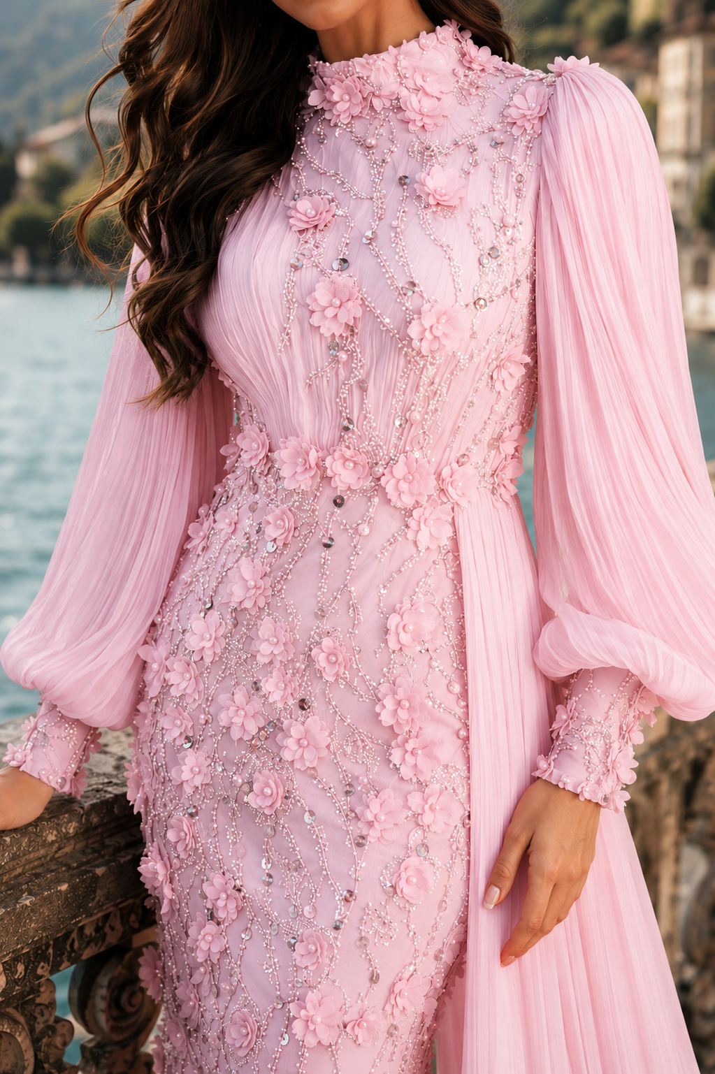 Roxanne Beaded Modest Evening Gown - Pink