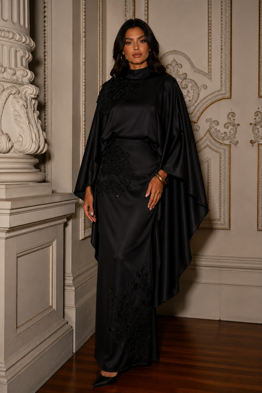 Soraya Stone-Embellished Modest Satin Cape Pencil Dress - Evening Dress - Black