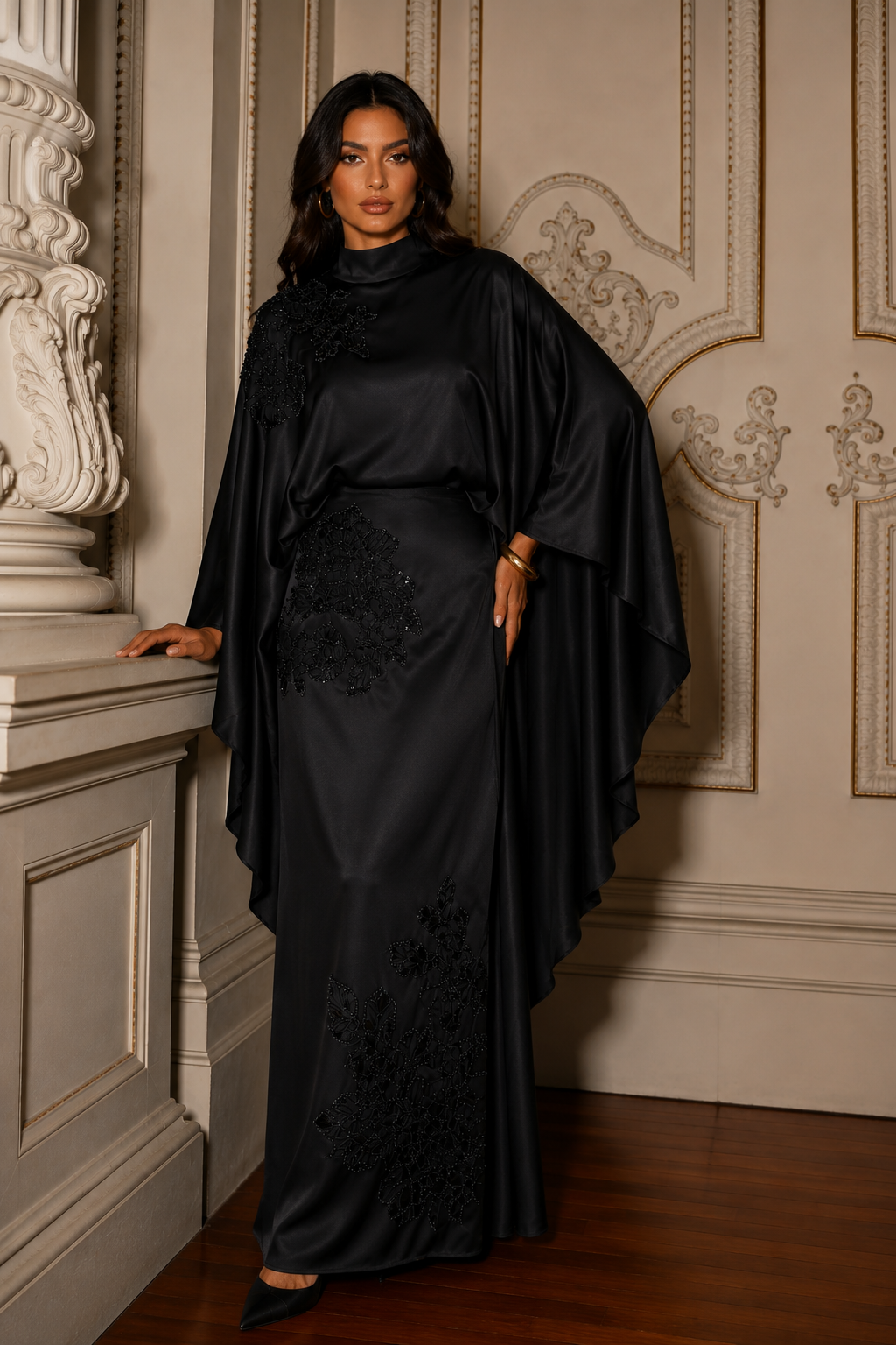 Soraya Stone-Embellished Modest Satin Cape Pencil Dress - Evening Dress - Black