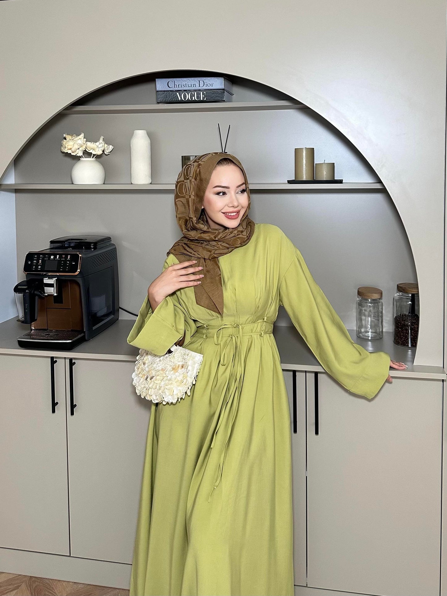 Fitted Waist Maxi Dress in Modal Fabric- Olive