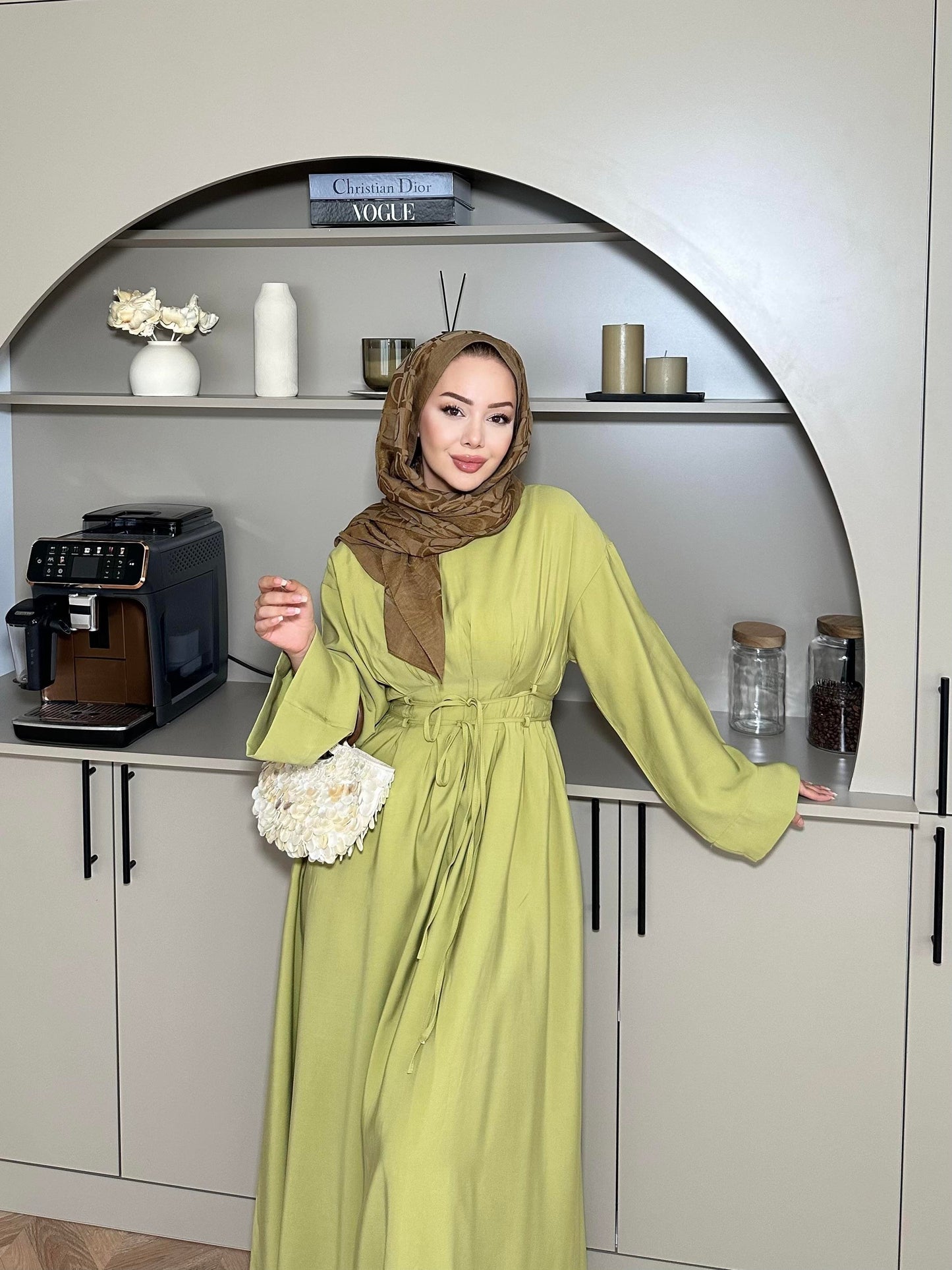 Fitted Waist Maxi Dress in Modal Fabric- Olive
